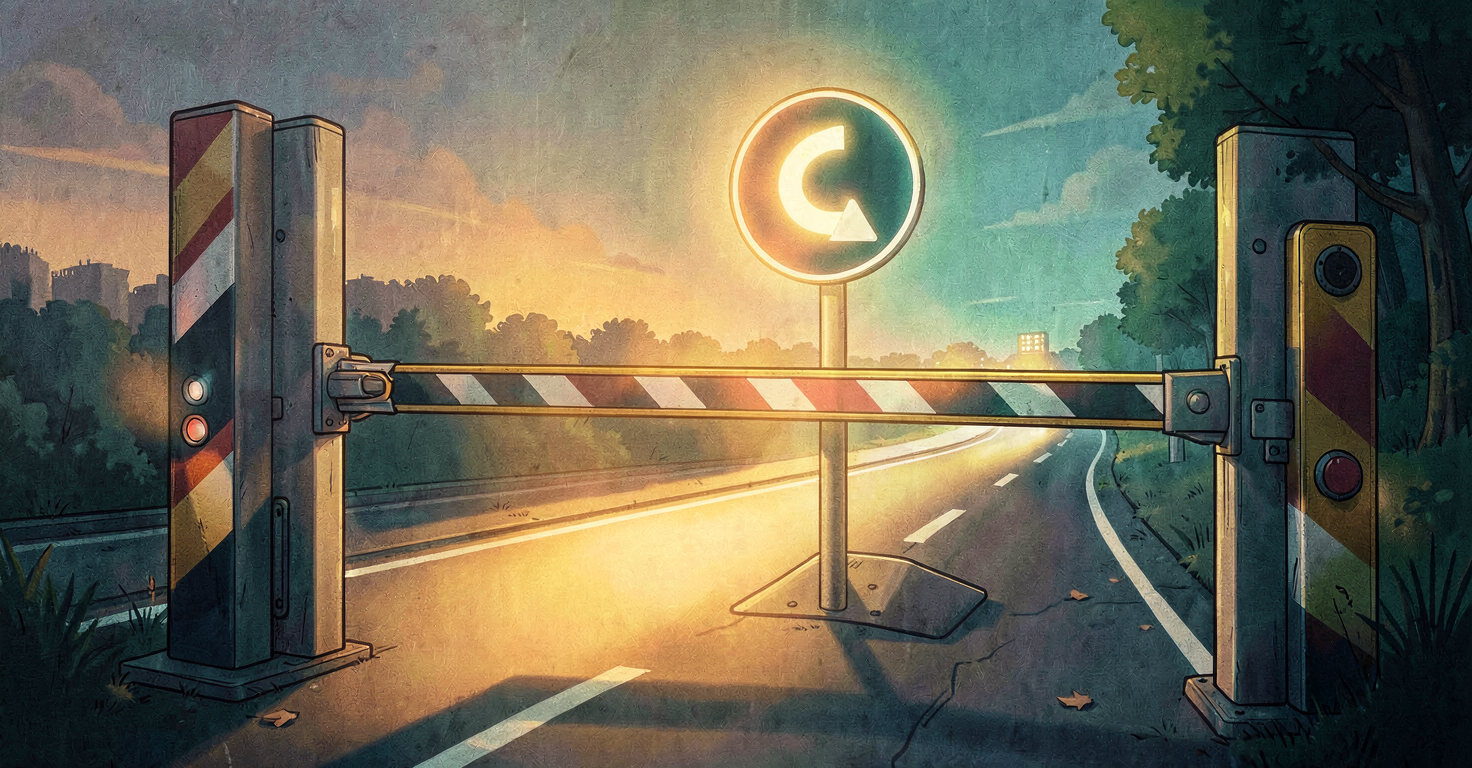 A tall barrier gate lifting to reveal a signpost with a bent arrow pointing away to another road, flat illustration, soft colors, modern editorial style, clean design.