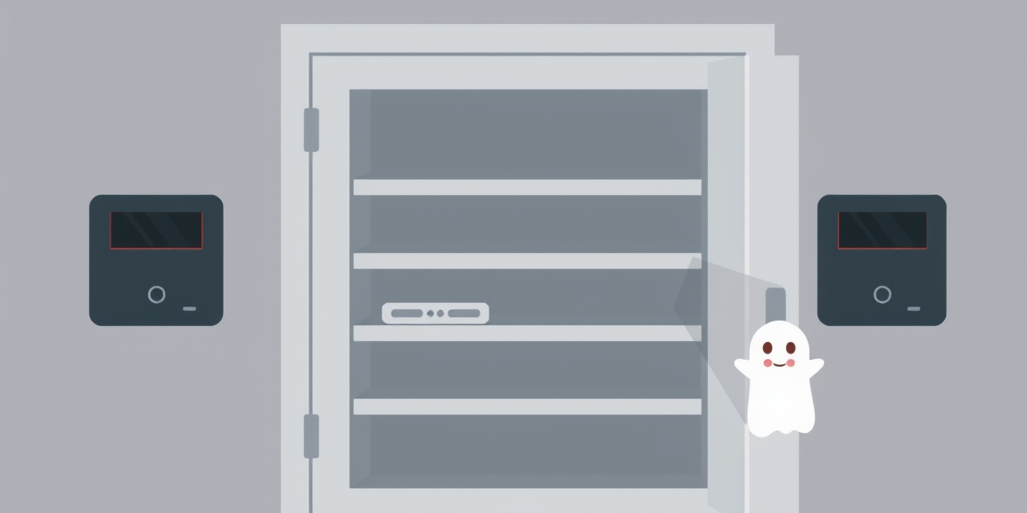 A hard drive cabinet with its door open showing mostly empty shelves, an external gauge on the outside reading 100 percent full in red, a small ghost icon hovering near one of the shelves to hint at invisible files. Flat illustration, soft muted colors, modern editorial style.