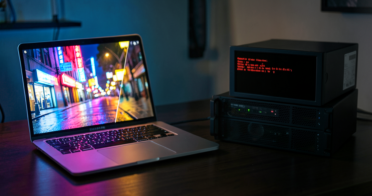 Photorealistic night desk scene, a silver MacBook Air on the left glowing with a freshly rendered neon street image on its screen, and on the right a dark rack-mount Linux server whose small monitor shows only a red terminal error line.