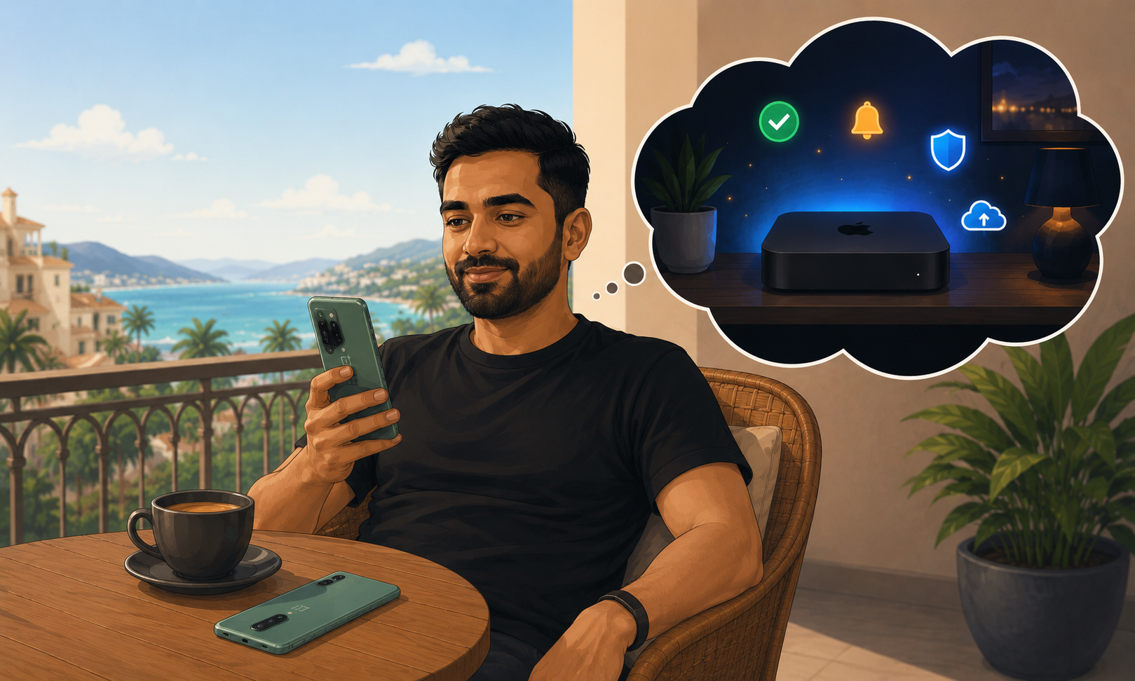 A young South Asian man relaxing on a sunny hotel balcony looking at his phone, which glows with little notification bells, while a small Mac mini sits glowing back home inside a thought bubble with tiny green status icons floating around it, soft editorial illustration, warm pastel colors.