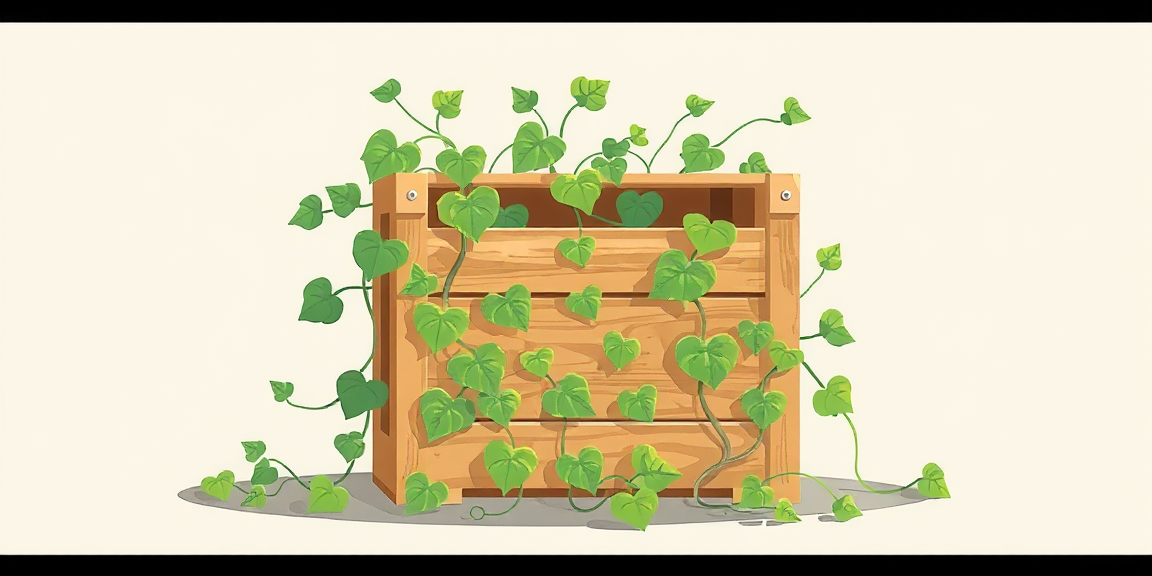 A small wooden shipping crate cracked open with green vines and leaves growing outward, flat illustration, soft colors, modern editorial style.
