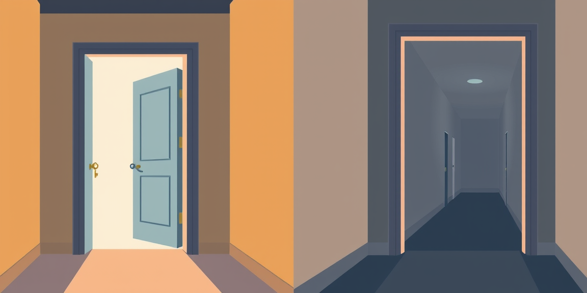 Two identical office doorways at the end of a corridor, one opens into a brightly lit room, the other into a dim corridor that dead-ends. Flat illustration, soft colors, modern editorial style.
