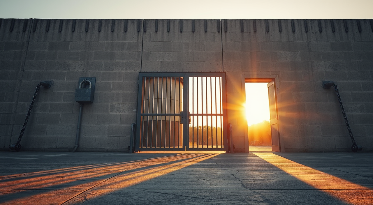 A fortified concrete wall at golden hour, with a locked iron main gate on the left and a small steel side door beside it standing wide open as warm sunlight pours through onto the concrete ground, photorealistic, no people.