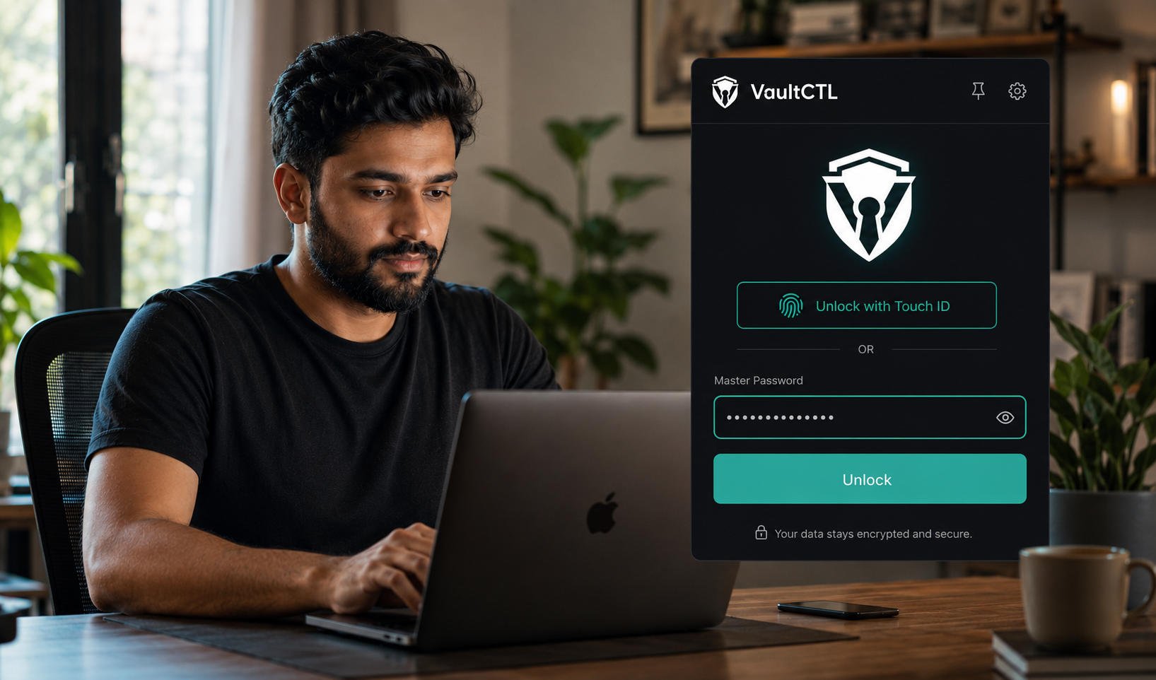 A developer working at his laptop in a warm, plant-filled room, with the dark VaultCTL browser extension popup floating beside him. The popup shows a teal shield-with-keyhole logo, an Unlock with Touch ID button, a masked master password field, and an Unlock button. Realistic photo with teal accents.
