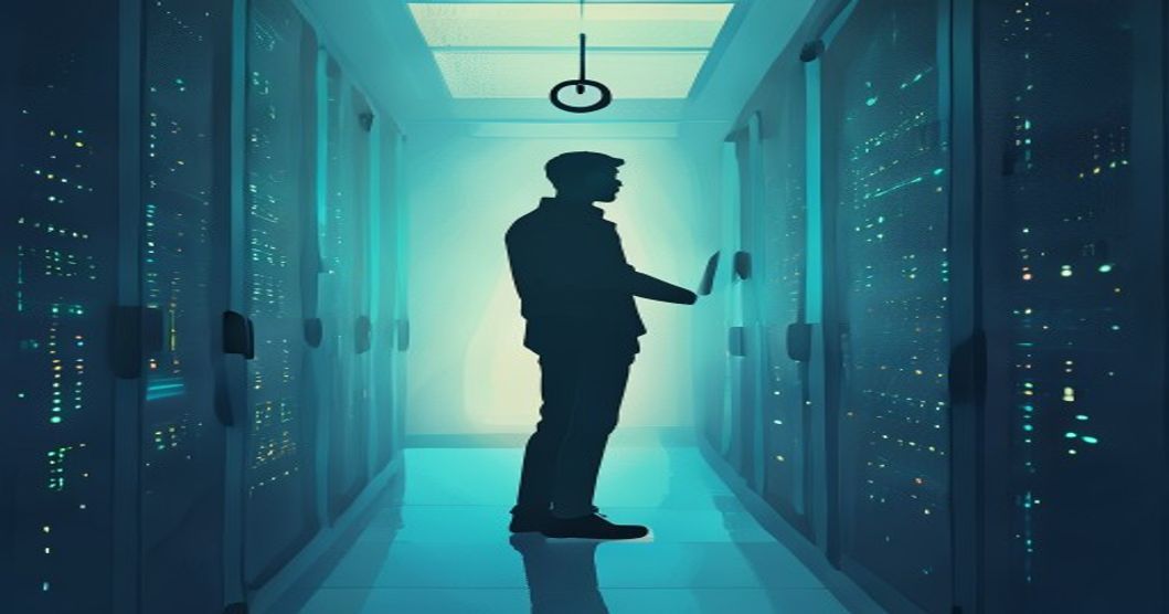 A glowing safe inside a server rack with a small key floating above it, a faded developer silhouette in the background, flat illustration in cool blue and teal tones.