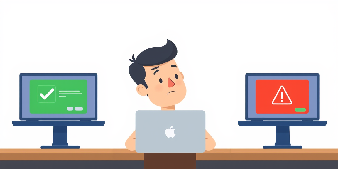 A puzzled cartoon developer between two laptops, one showing a green checkmark and one showing a red error, flat illustration, soft colors, modern editorial style.