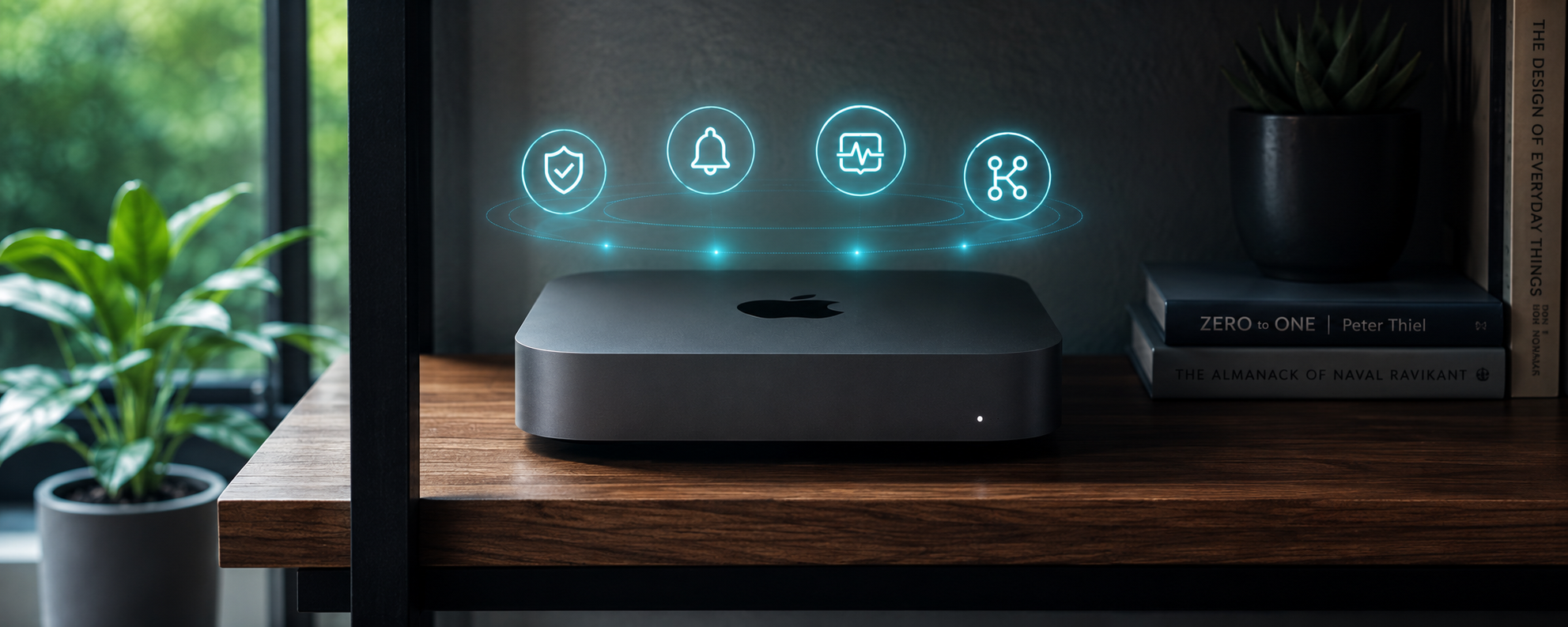 A 2018 Mac mini on a wooden shelf with a ring of glowing service icons floating above it: a shield, a notification bell, a heartbeat monitor, and a workflow node, warm home corner with a plant and a few books.